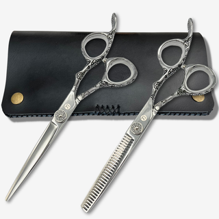 Saki Shears Kohana Engraved Steel Hair Shears Set (Hair Cutting and Thinning Shears) — studio grey